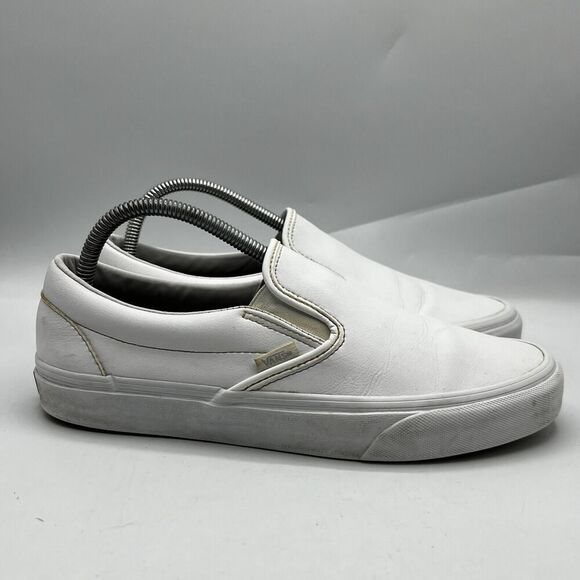 Vans Slip On White Mens Size 8.5 Leather Casual Sneakers Shoes - Picture 1 of 13